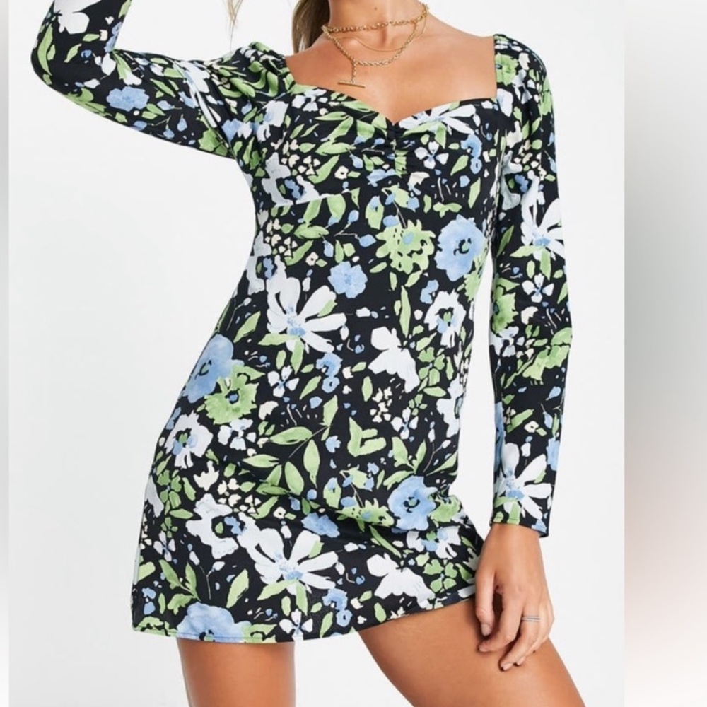 Topshop Floral Mini Puff Sleeve Dress